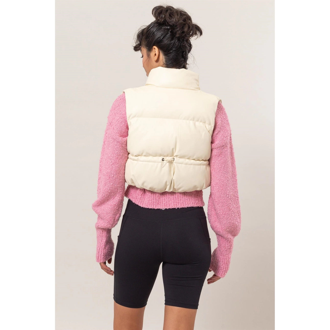 Leather Cropped Puffer Vest - Cream