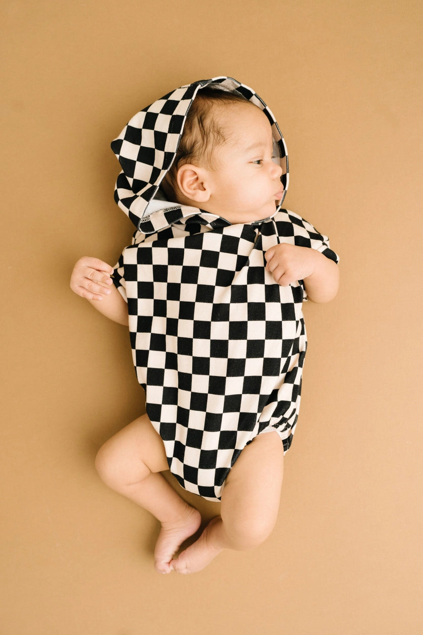 Checkerboard Hooded Short Romper