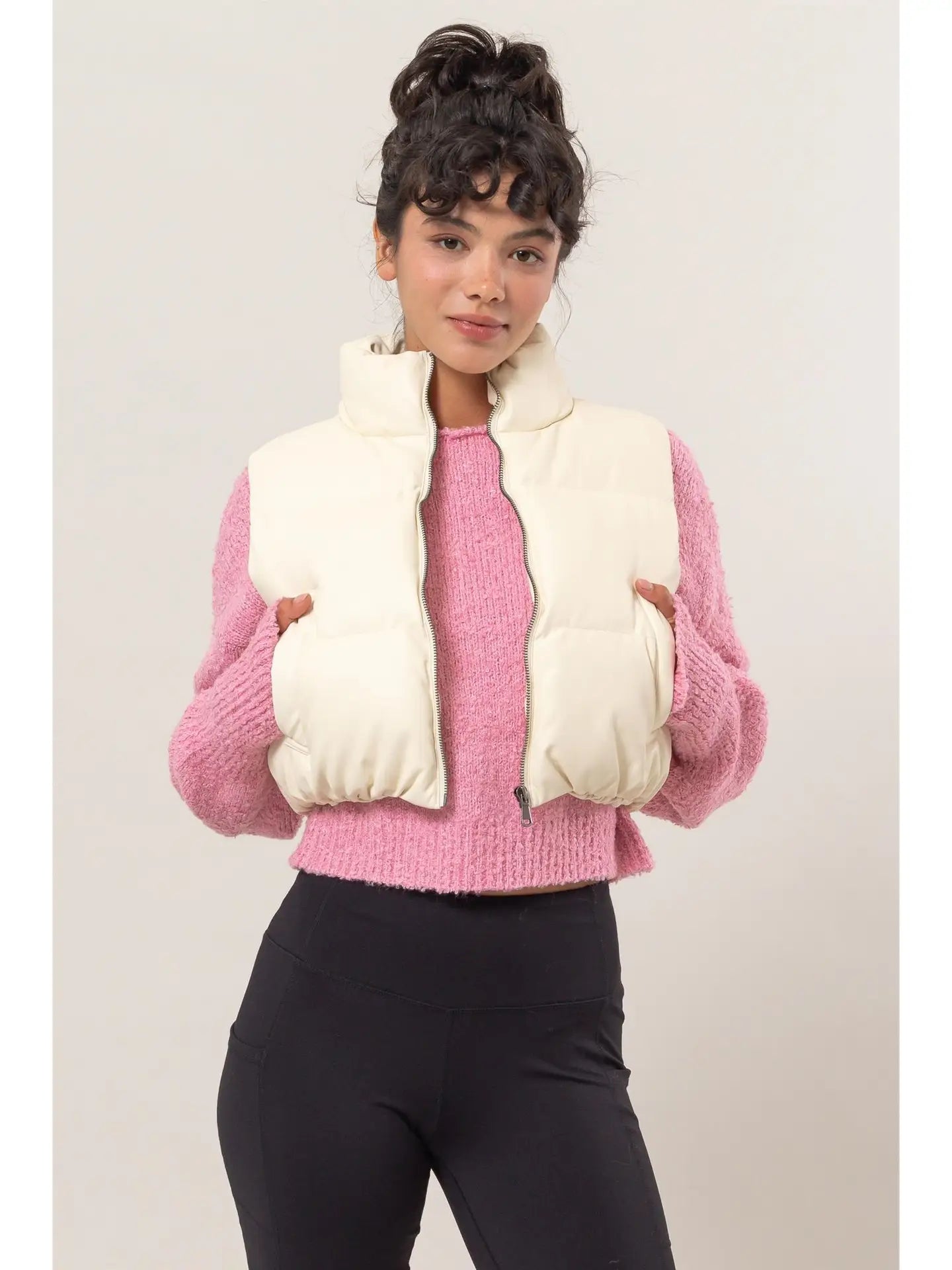 Leather Cropped Puffer Vest - Cream