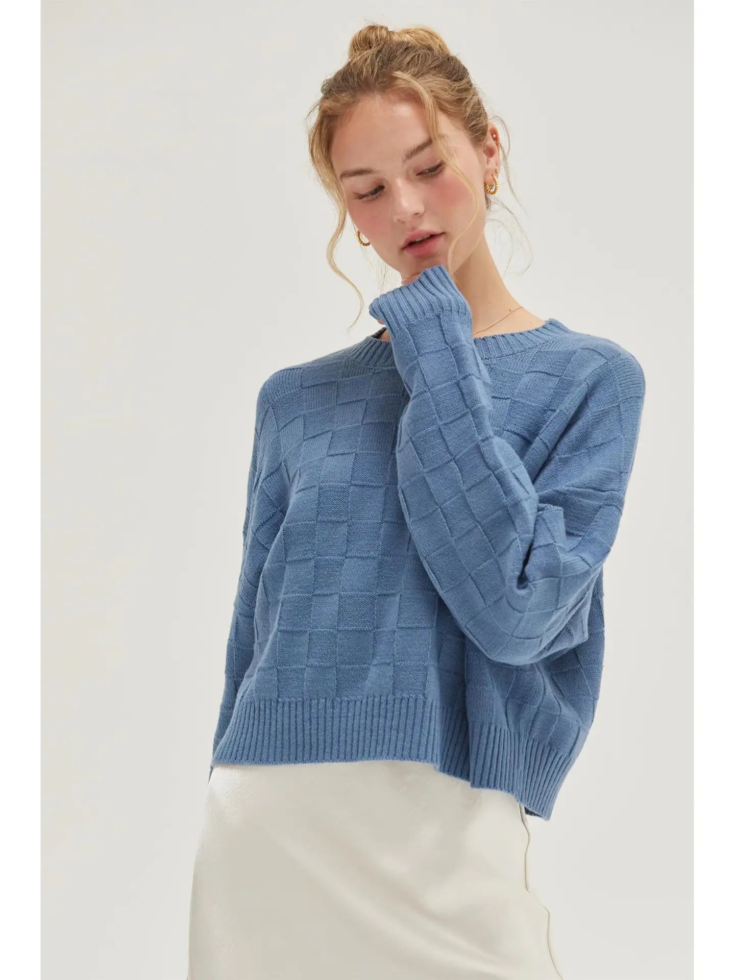 Long Sleeve Square Textured Sweater - Grey Blue