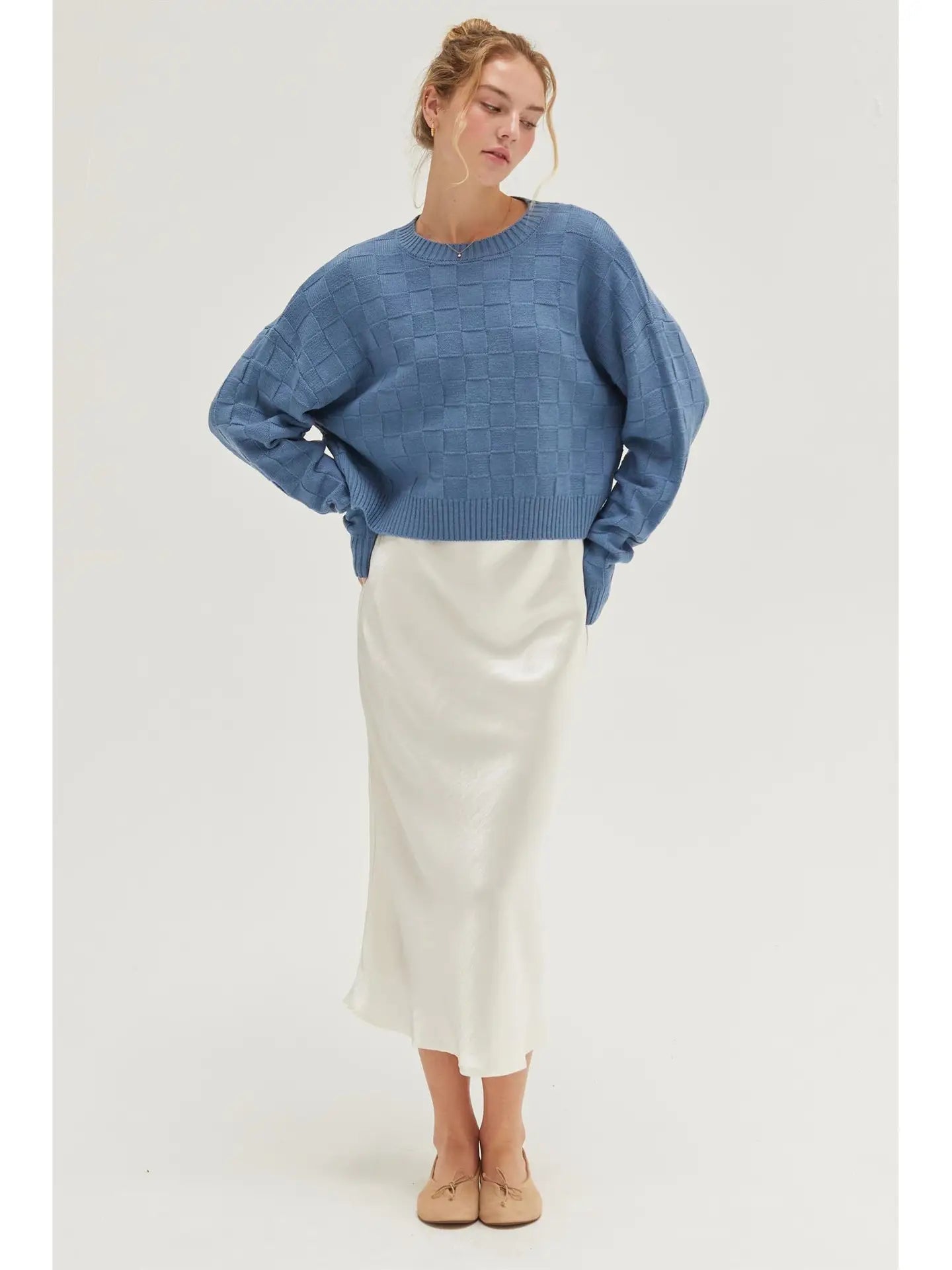 Long Sleeve Square Textured Sweater - Grey Blue