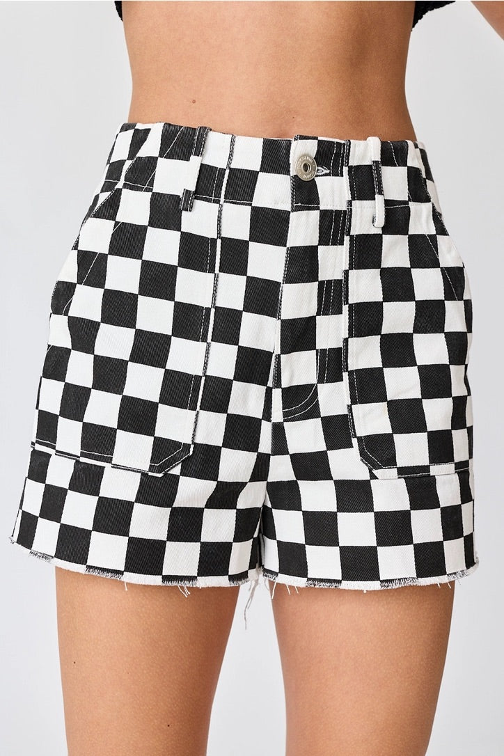 Black & White Denim Checkered Shorts