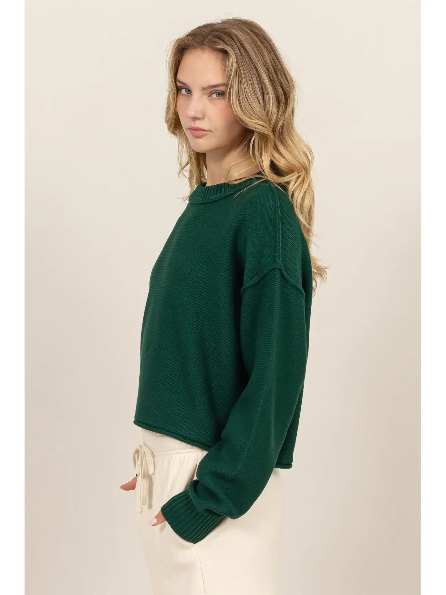 Cropped Oversize Knit Sweater - Dark Green