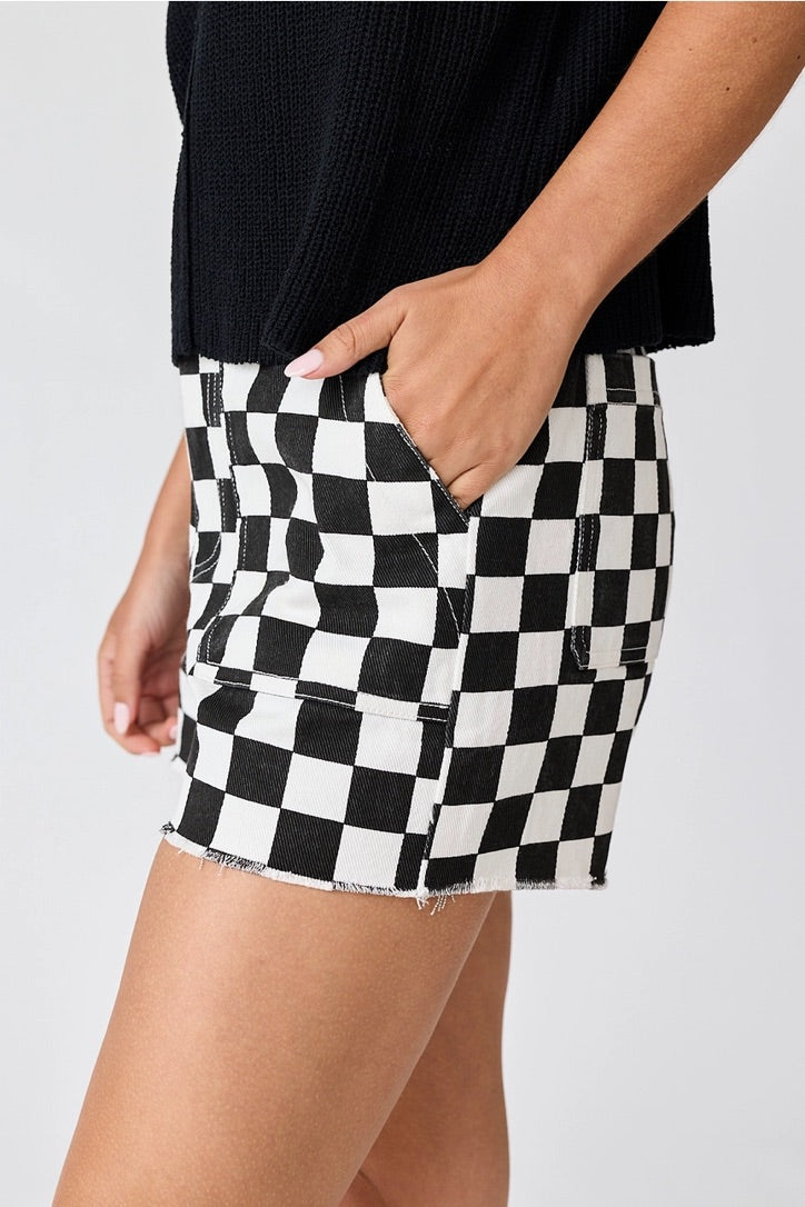 Black & White Denim Checkered Shorts