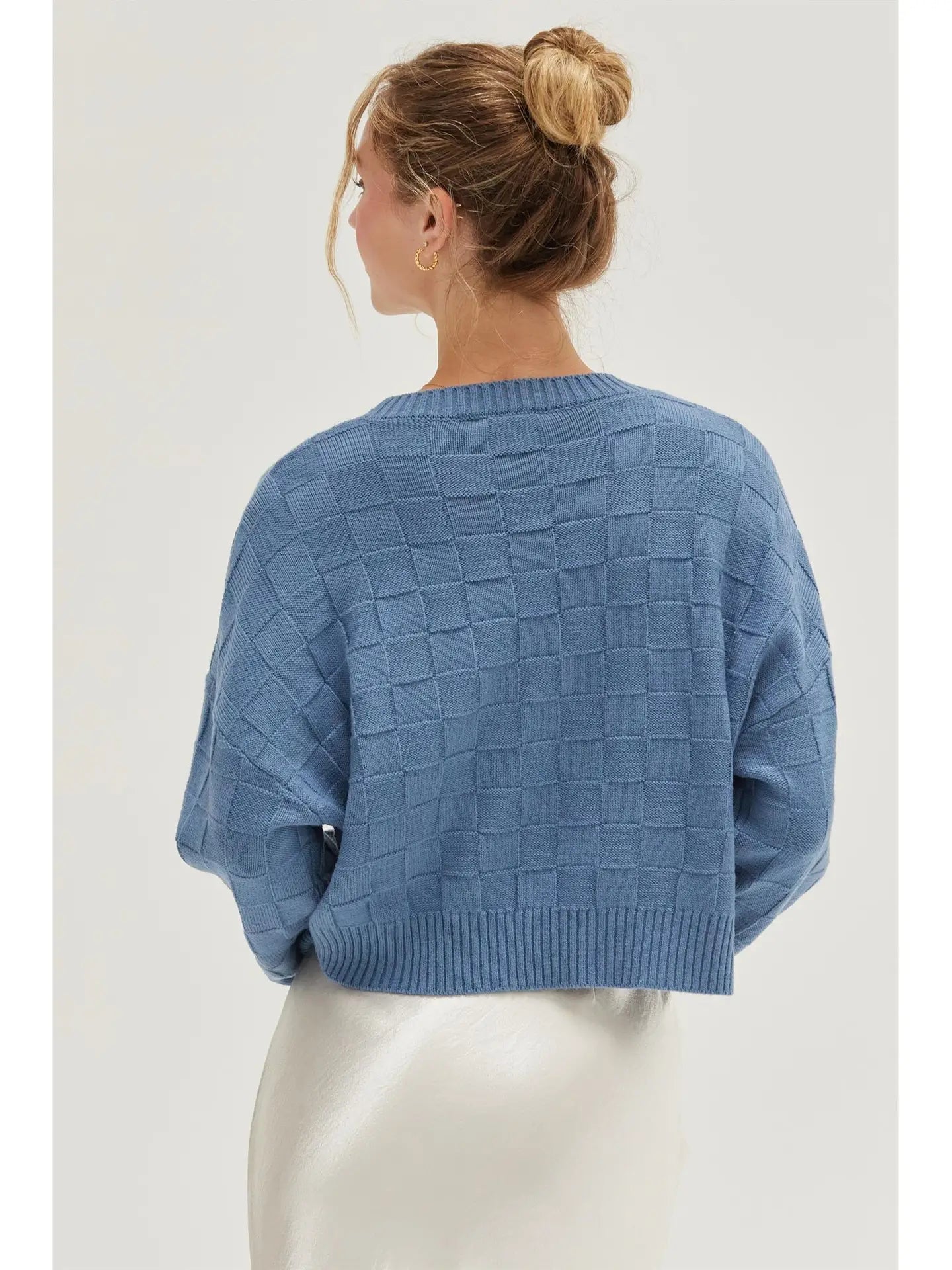 Long Sleeve Square Textured Sweater - Grey Blue