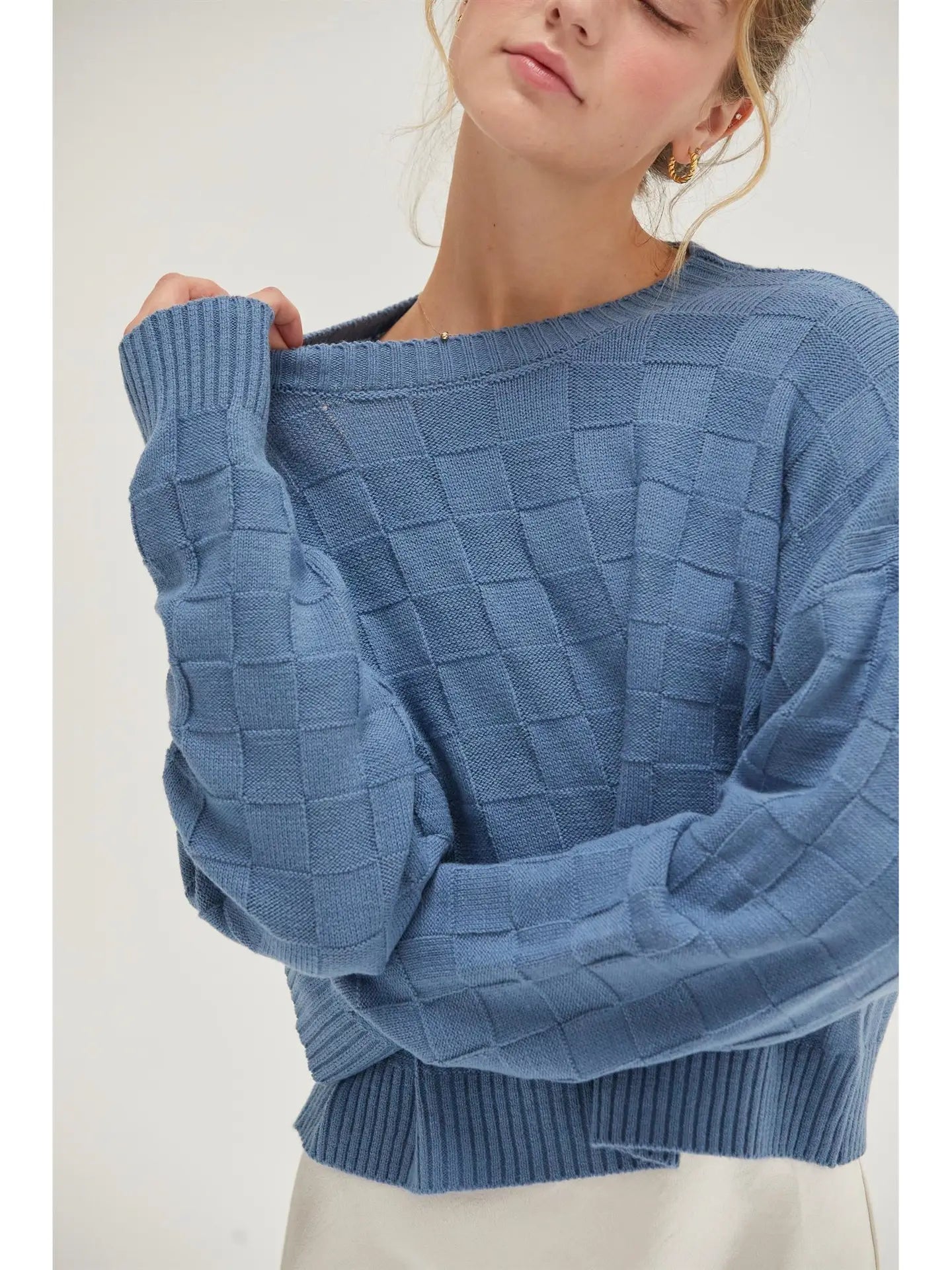 Long Sleeve Square Textured Sweater - Grey Blue