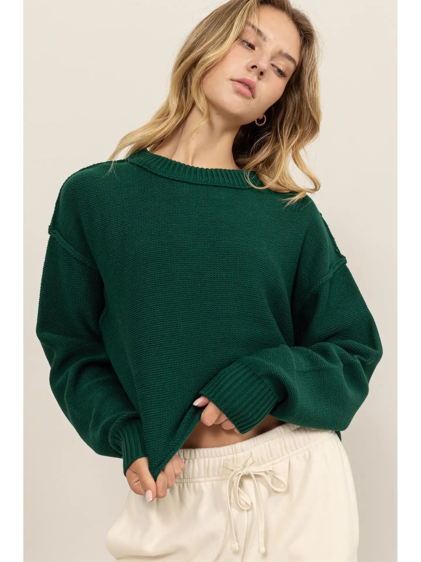 Cropped Oversize Knit Sweater - Dark Green