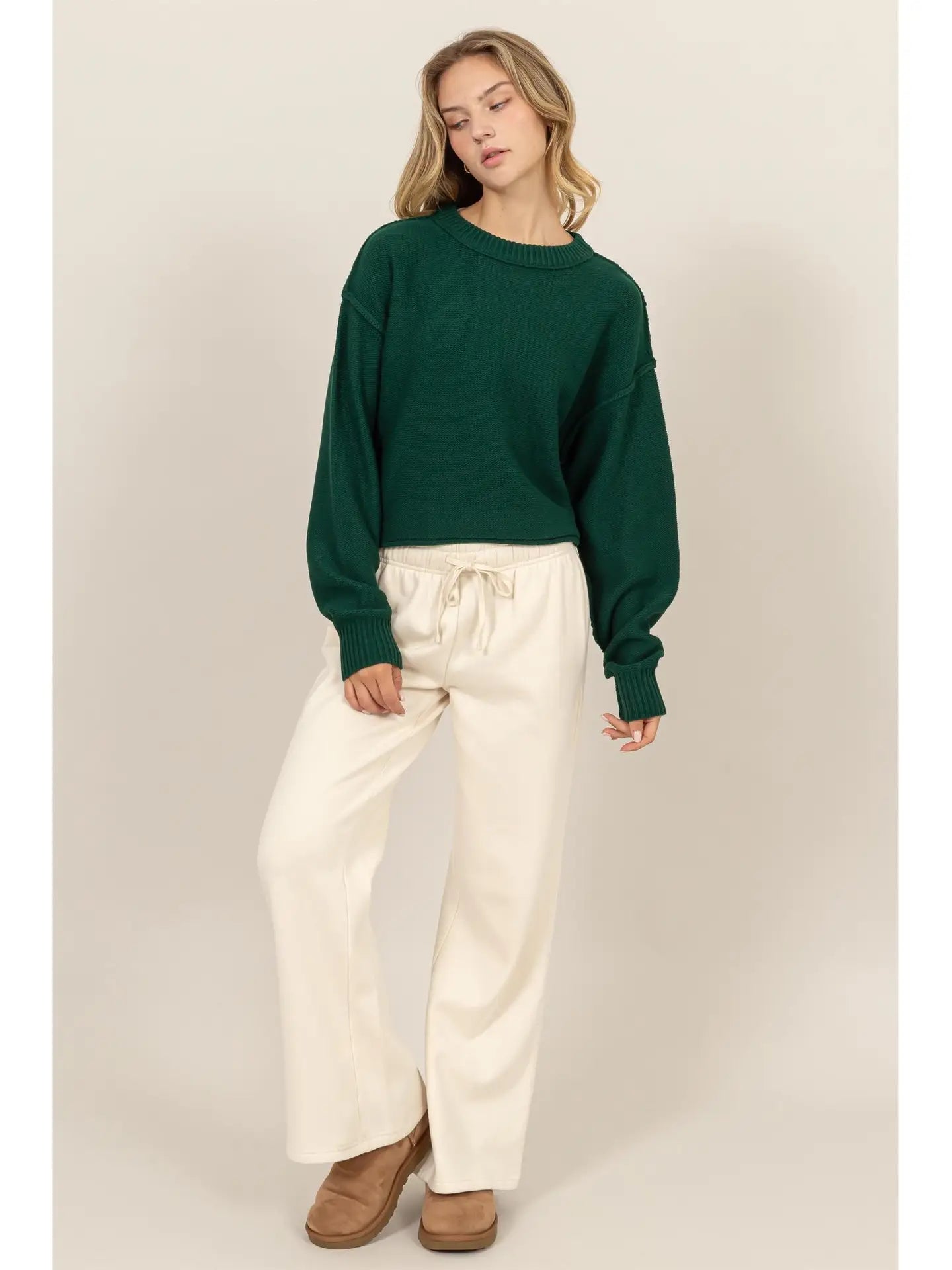 Cropped Oversize Knit Sweater - Dark Green