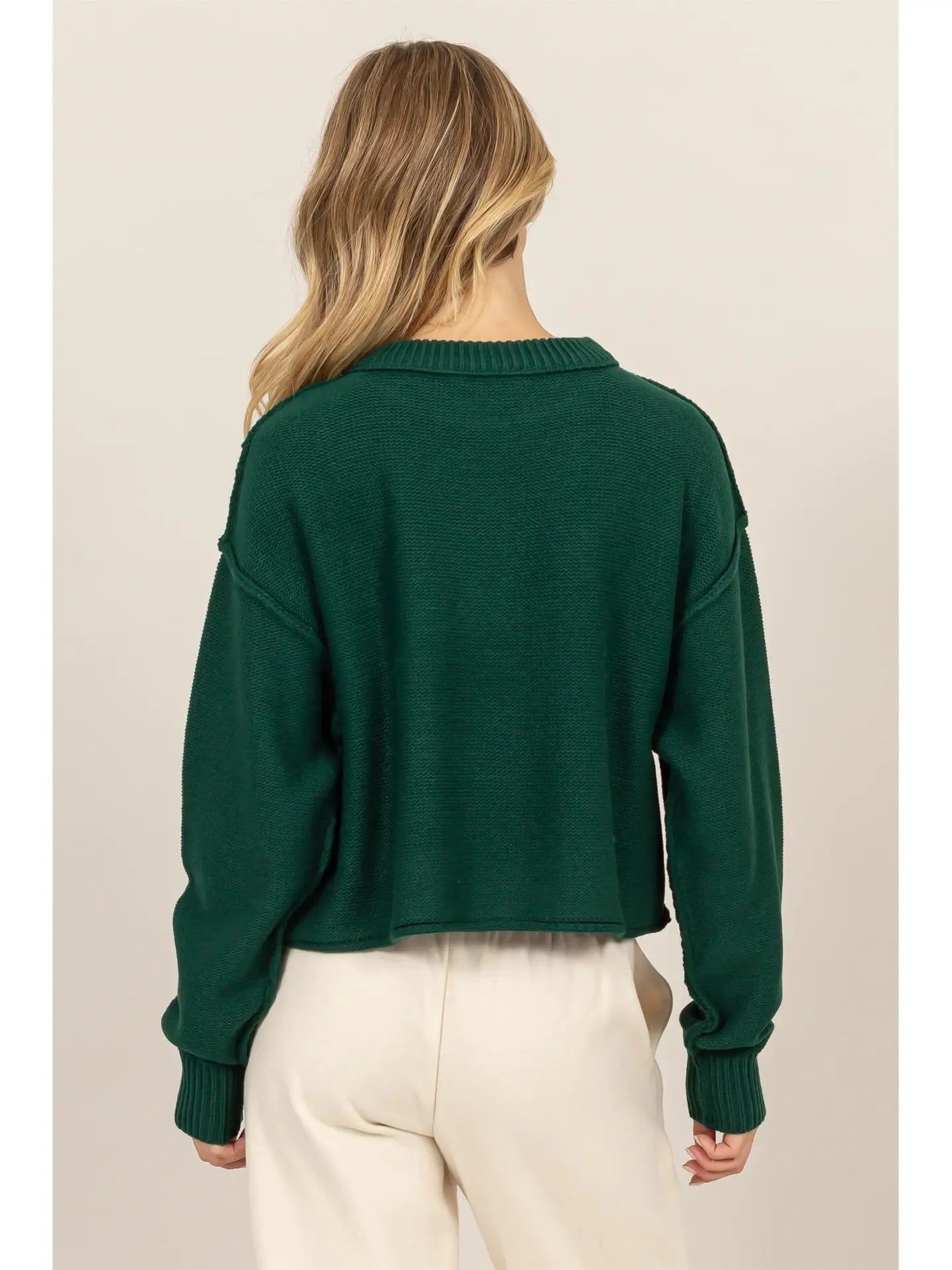 Cropped Oversize Knit Sweater - Dark Green