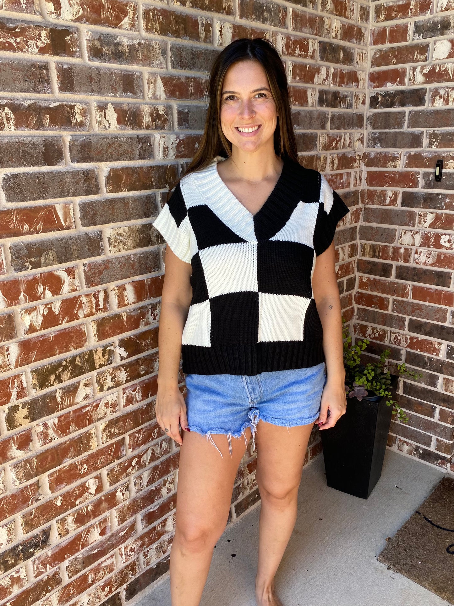 V-Neck Checkered Board Knit Sweater Vest